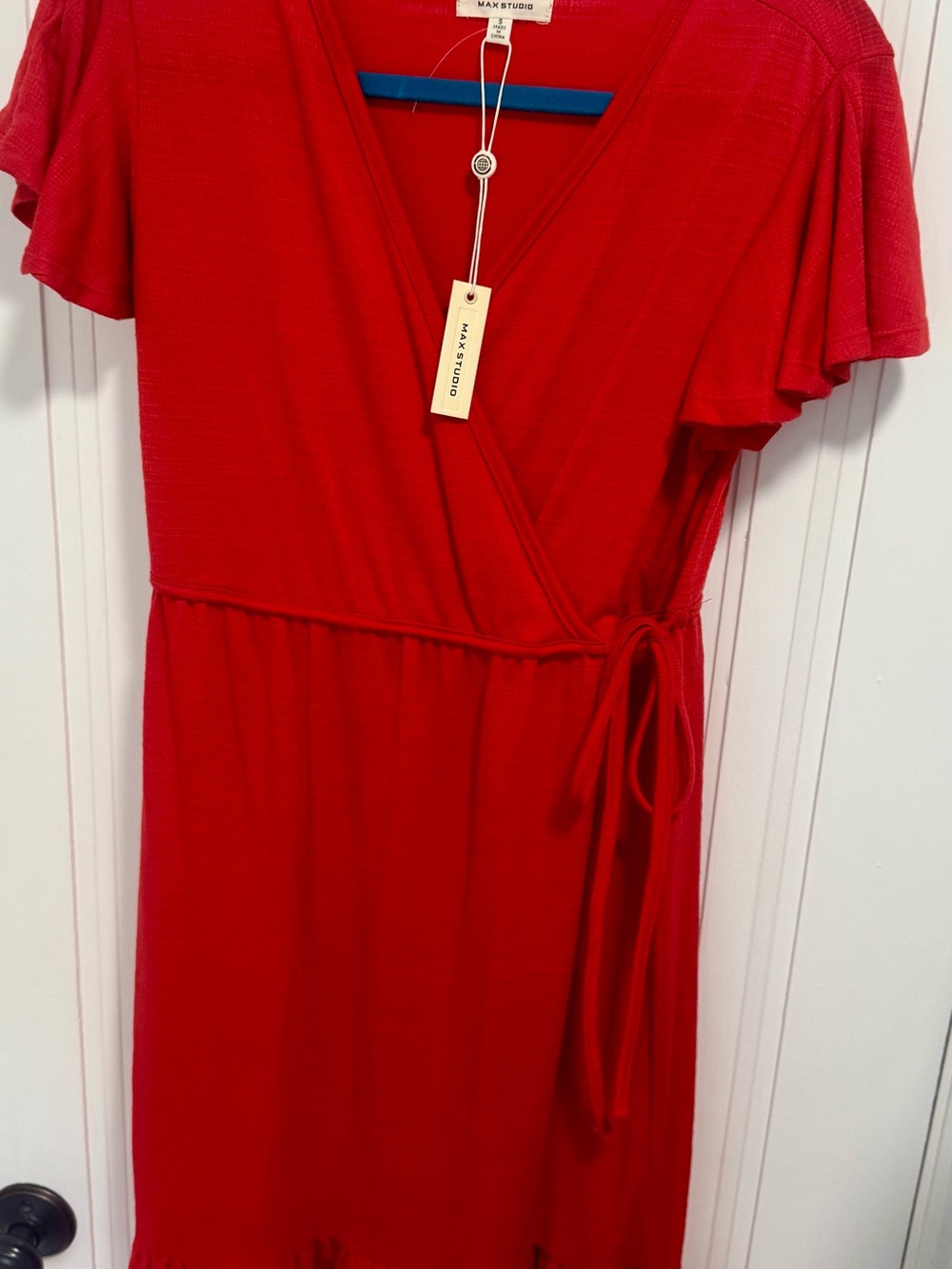 Max Studio Red Faux Wrap Flutter Sleeve Dress